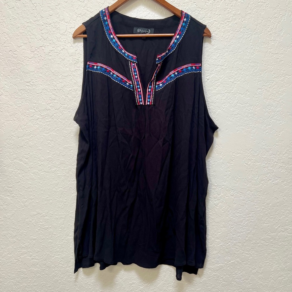 Whispers‎ New York Black Embroidered Sleeveless Blouse Plus Size 2X Boho Top